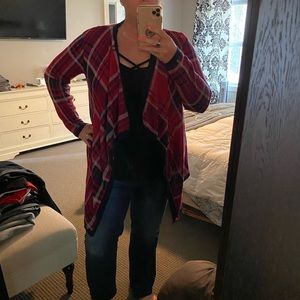 Red and Navy blue plaid open cardigan sweater 3X